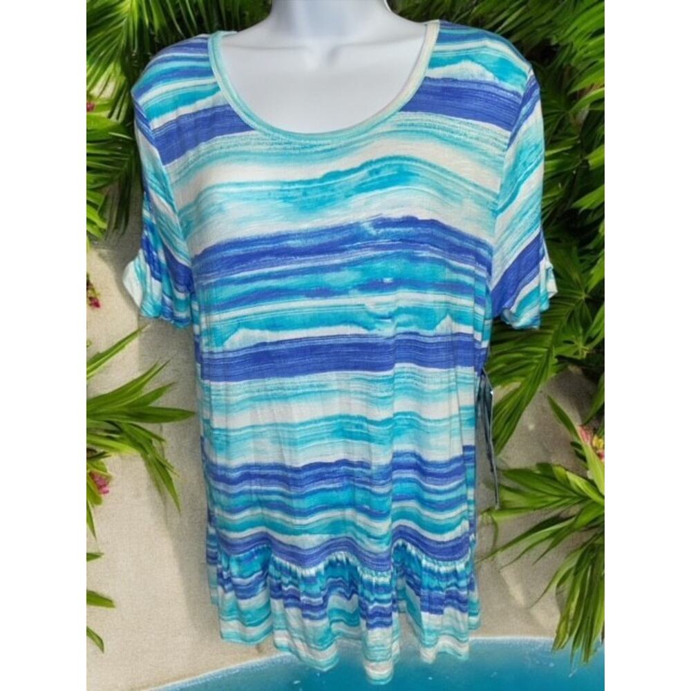 Onque Casual XL Top Charming Blue Striped Ruffles Comfy Soft Fabric Fancy Ruche - Picture 2 of 6